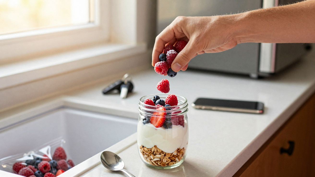 Mão a colocar frutos vermelhos num frasco com iogurte e granola numa bancada de cozinha junto à janela.