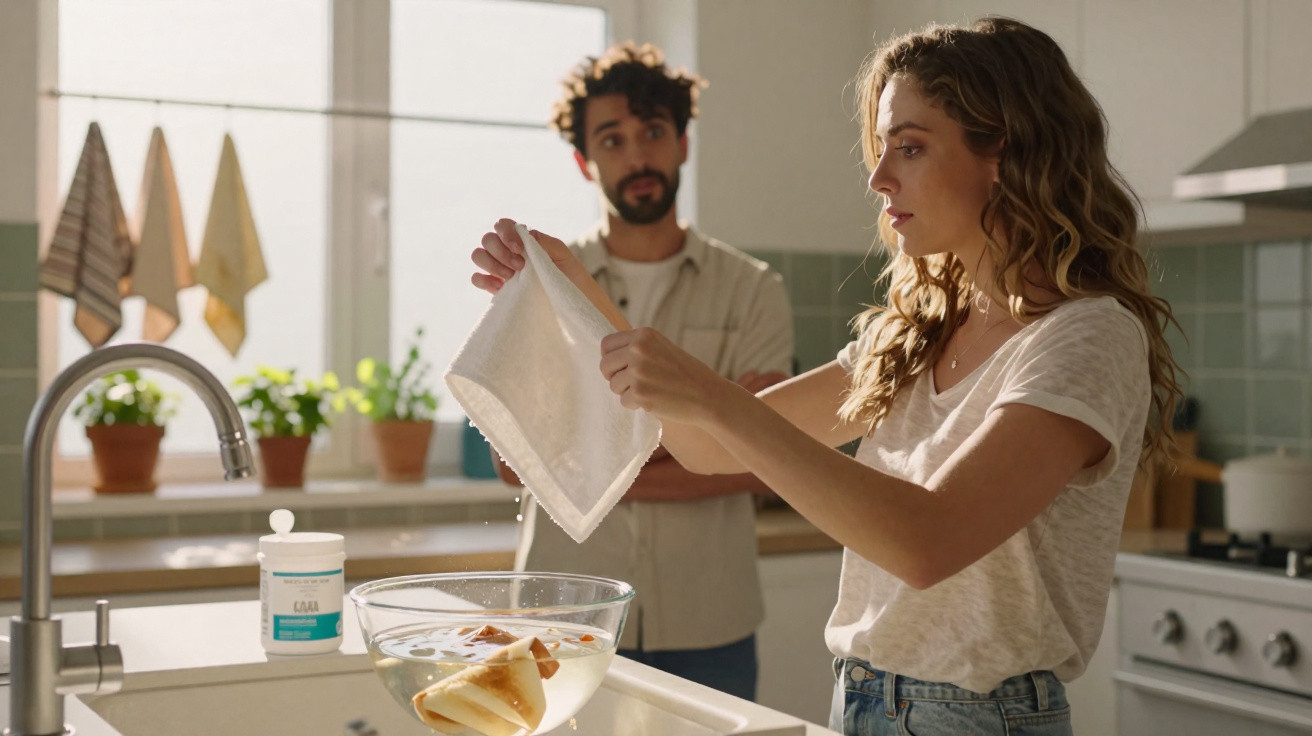Mulher a secar loiça enquanto homem observa numa cozinha moderna iluminada pela luz do dia.