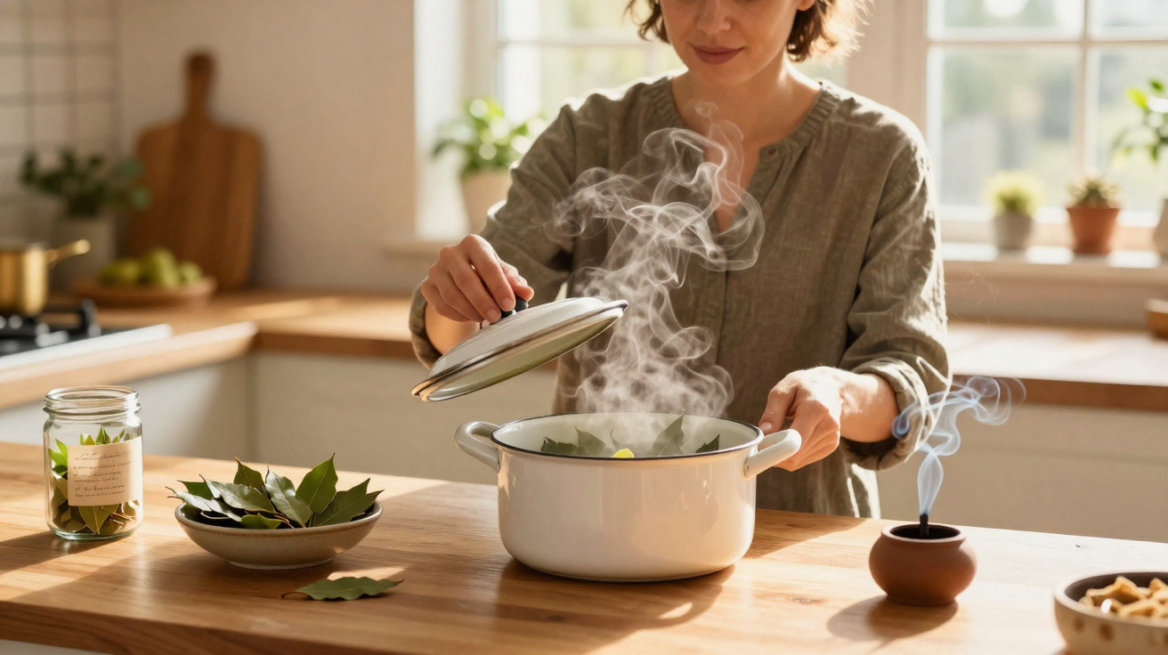 Mulher a levantar tampa de panela com vapor em cozinha iluminada com plantas e incenso a arder na mesa.