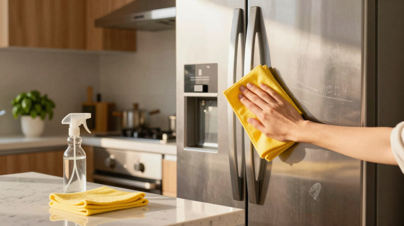 Pessoa a limpar a porta de um frigorífico inox com um pano amarelo numa cozinha moderna.