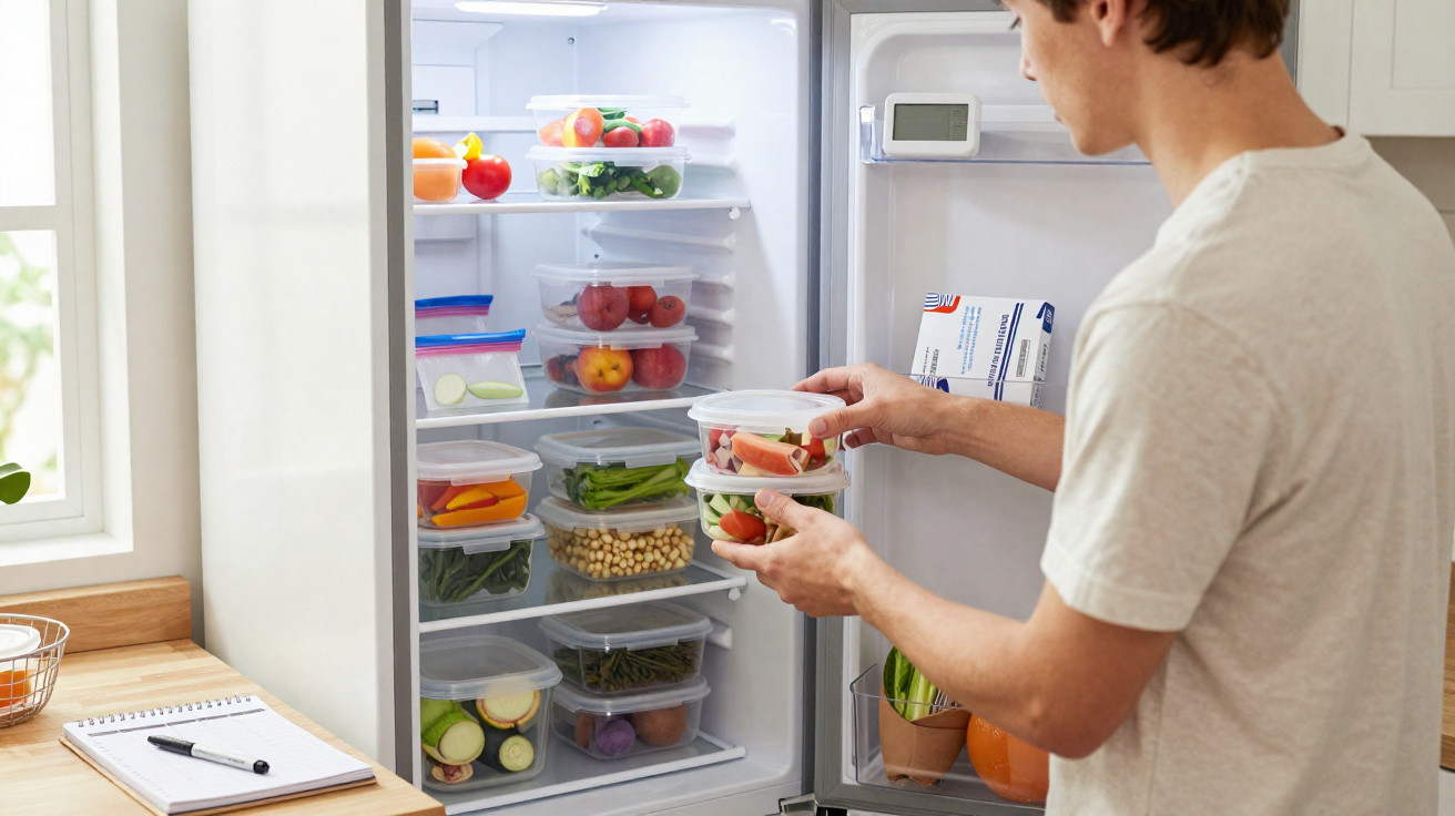 Homem a organizar legumes e fruta em potes de plástico transparentes dentro do frigorífico aberto.