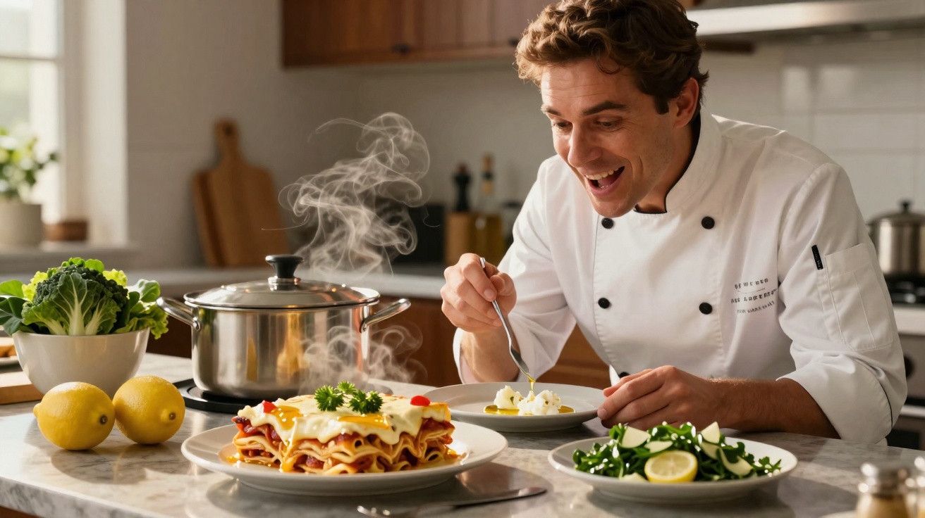 Chef sorridente a provar prato de lasanha quente numa cozinha moderna com salada e limões na bancada.