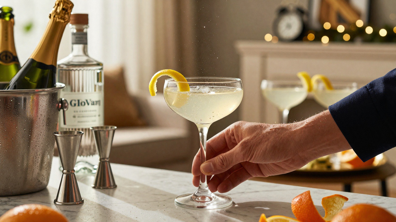 Mão a segurar copo de cocktail com gelo e fatia de limão, garrafas e ingredientes numa mesa.