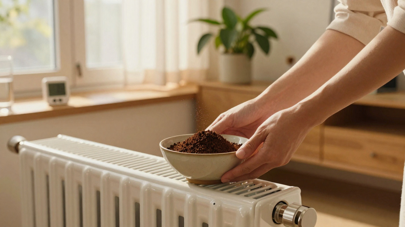 Mãos seguram taça com café moído sobre um radiador branco num ambiente iluminado e acolhedor.