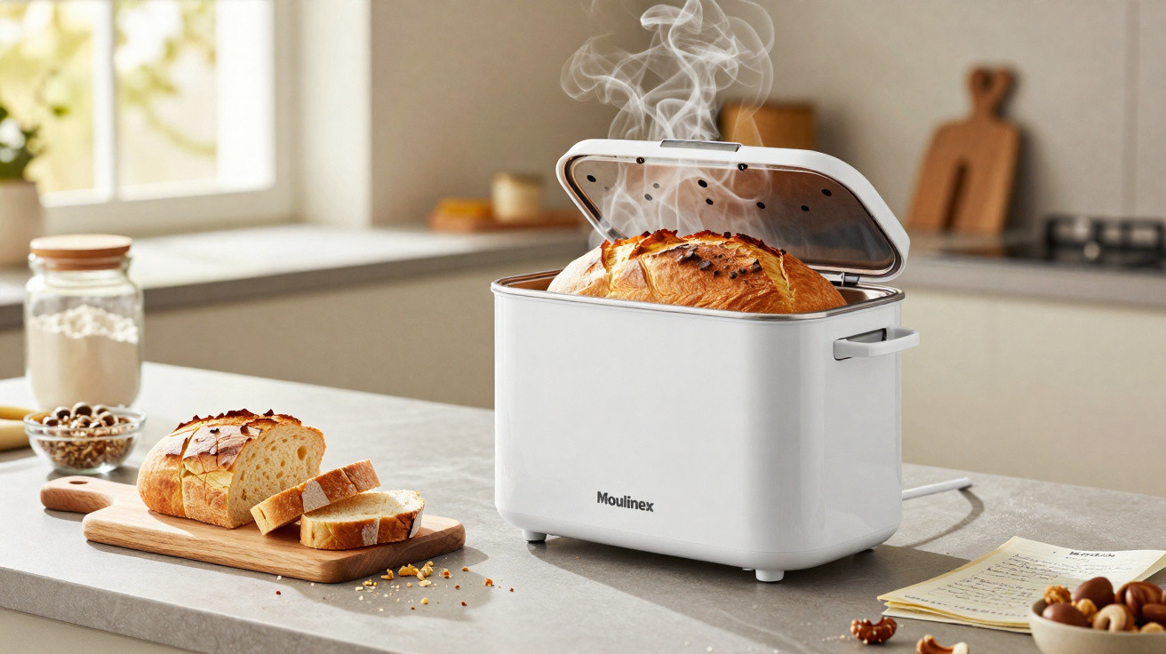 Máquina de fazer pão branca com pão acabado de cozer e vapor saindo do cesto, em bancada de cozinha moderna.