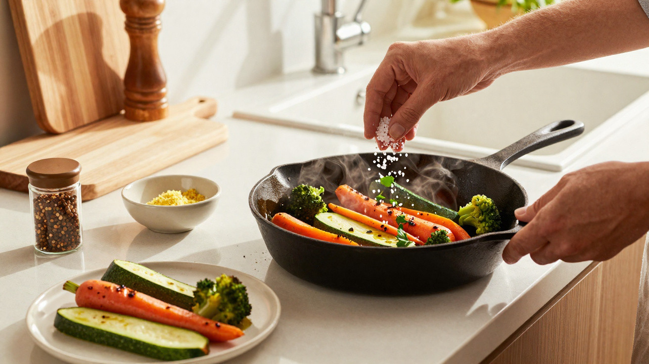 Mãos a temperar com sal legumes a cozinhar numa frigideira preta numa cozinha moderna.