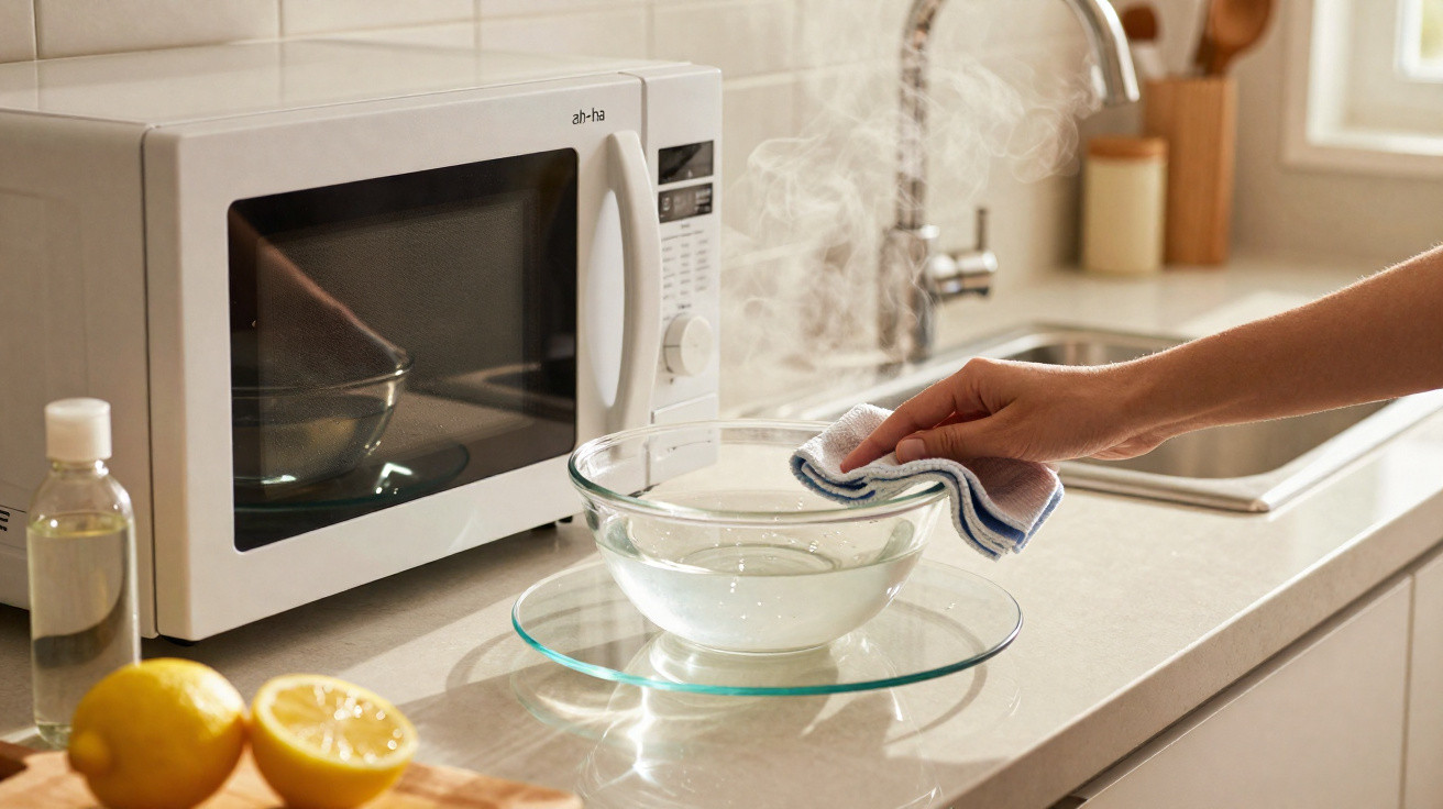 Micro-ondas branco numa bancada de cozinha com tigela de vidro cheia de água a vaporizar e mão a limpar.