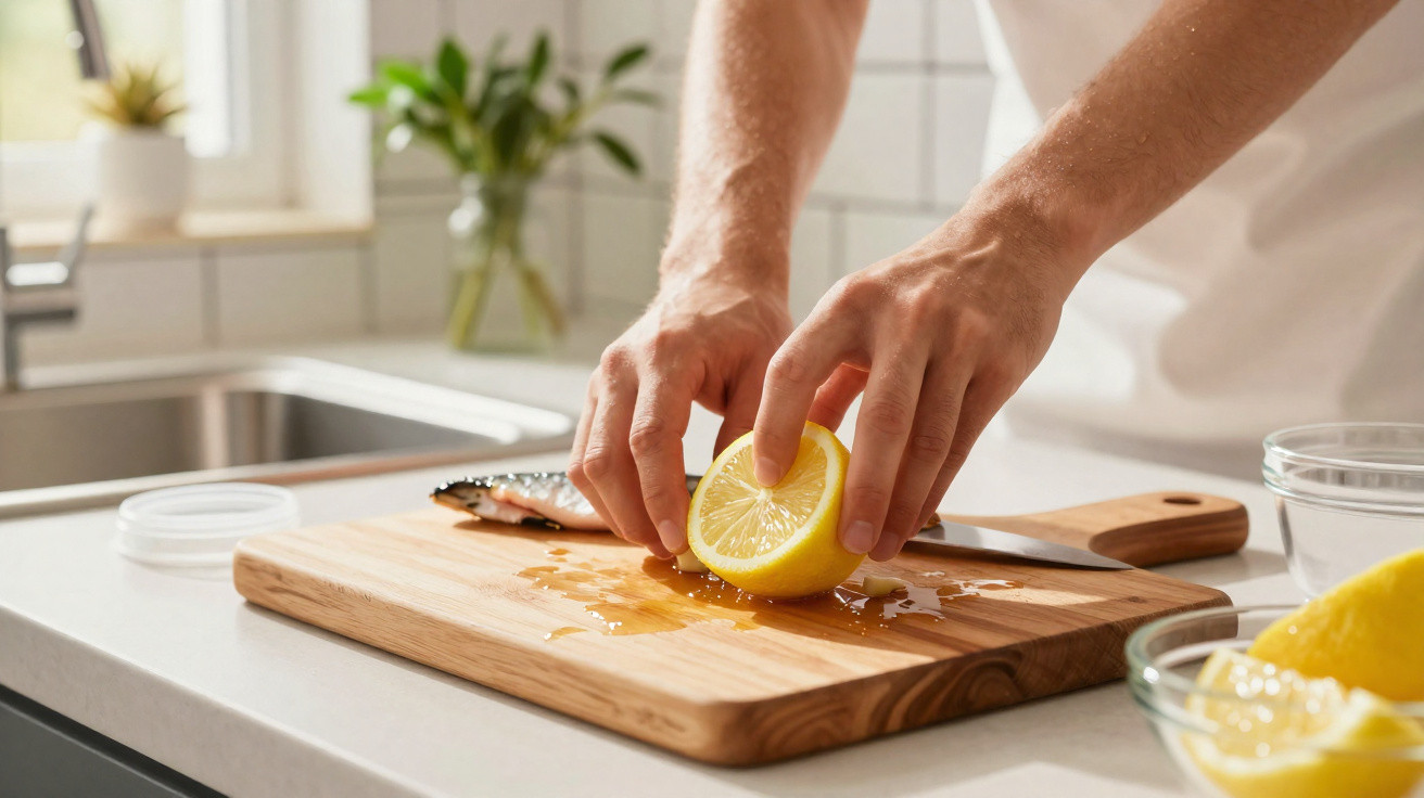 Pessoa a espremer meio limão numa tábua de cortar com peixe e uma faca num ambiente de cozinha moderna.