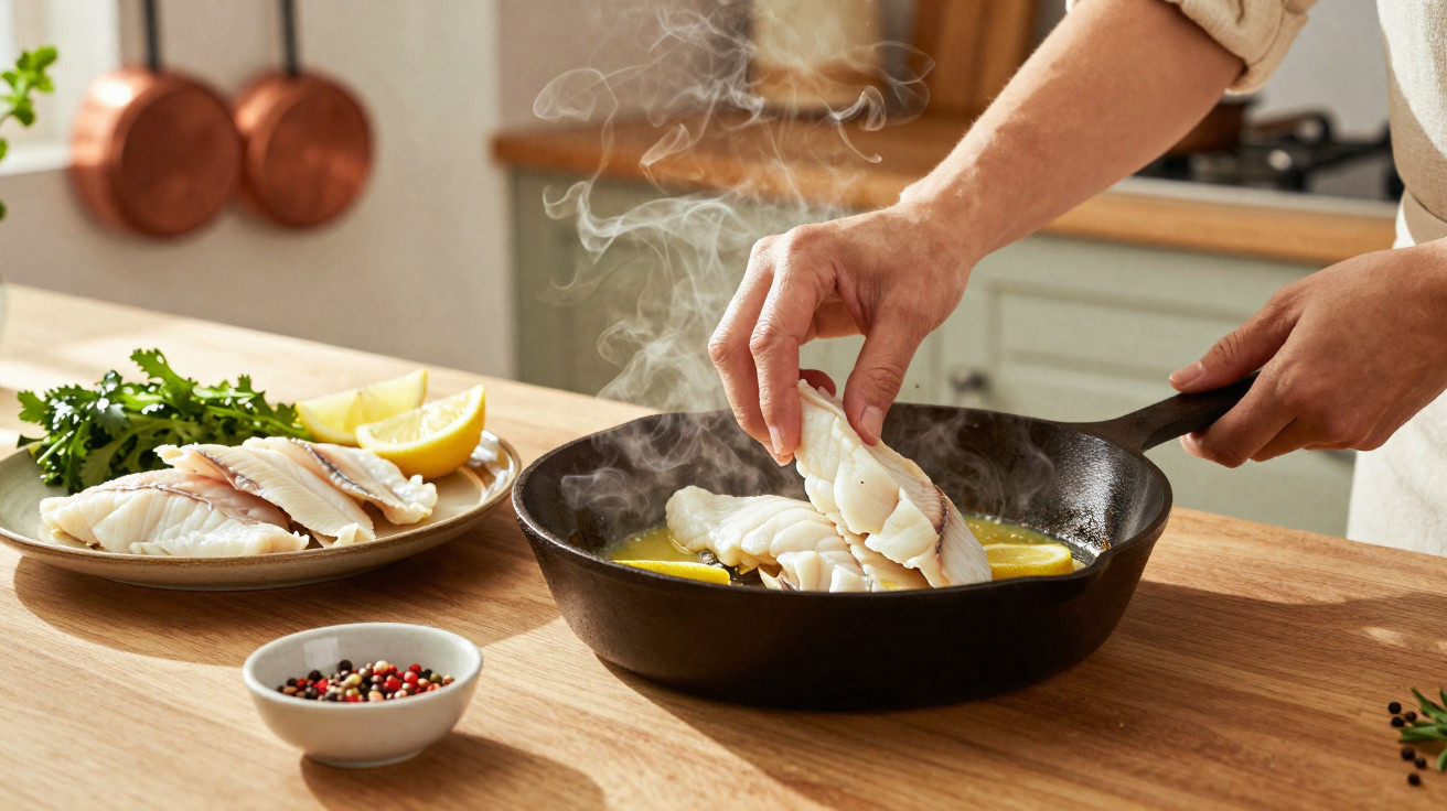 Pessoa a cozinhar filetes de peixe numa frigideira com limão e ervas na bancada da cozinha.