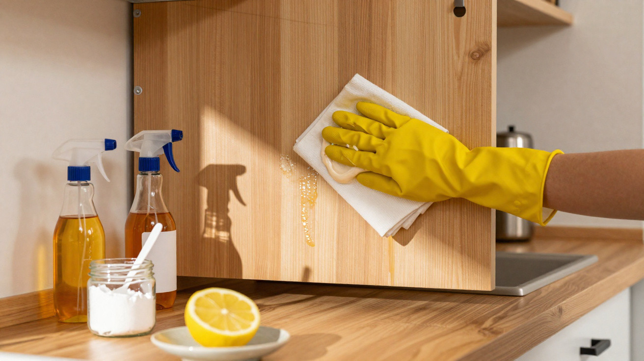Mão com luva amarela a limpar porta de madeira da cozinha com pano branco e produtos de limpeza ao lado.