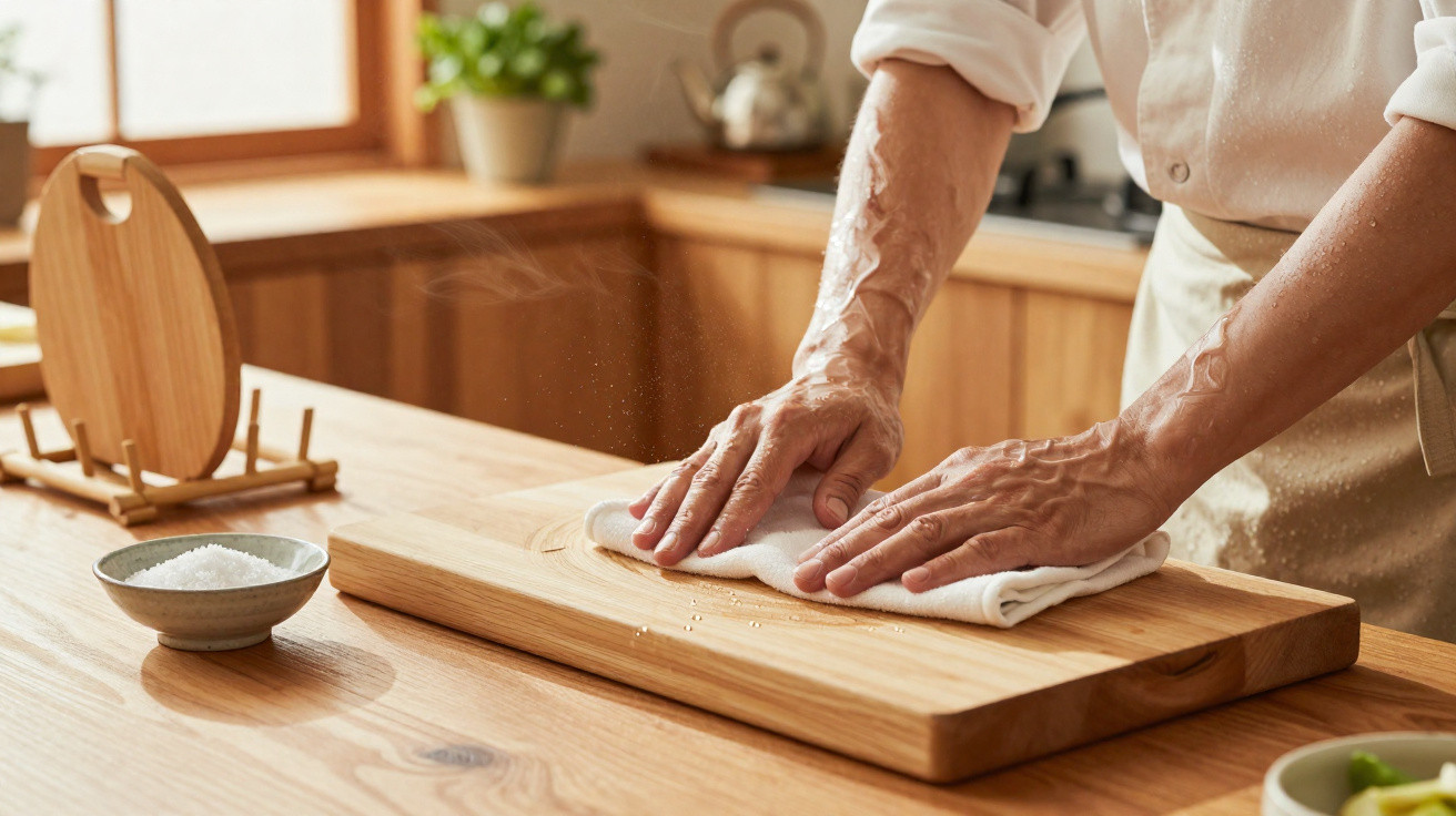 Mãos de pessoa a limpar uma tábua de madeira com um pano numa cozinha com luz natural.