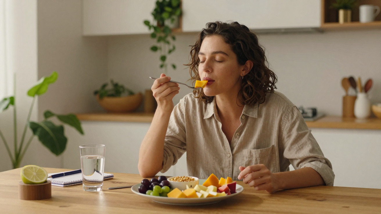 Mulher a saborear uma peça de fruta, sentada à mesa com prato variado de frutas e nozes numa cozinha iluminada.