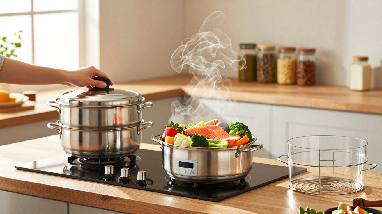 Fogão com panela de aço inox com legumes e salmão a vapor e tampa a ser colocada por uma mão.