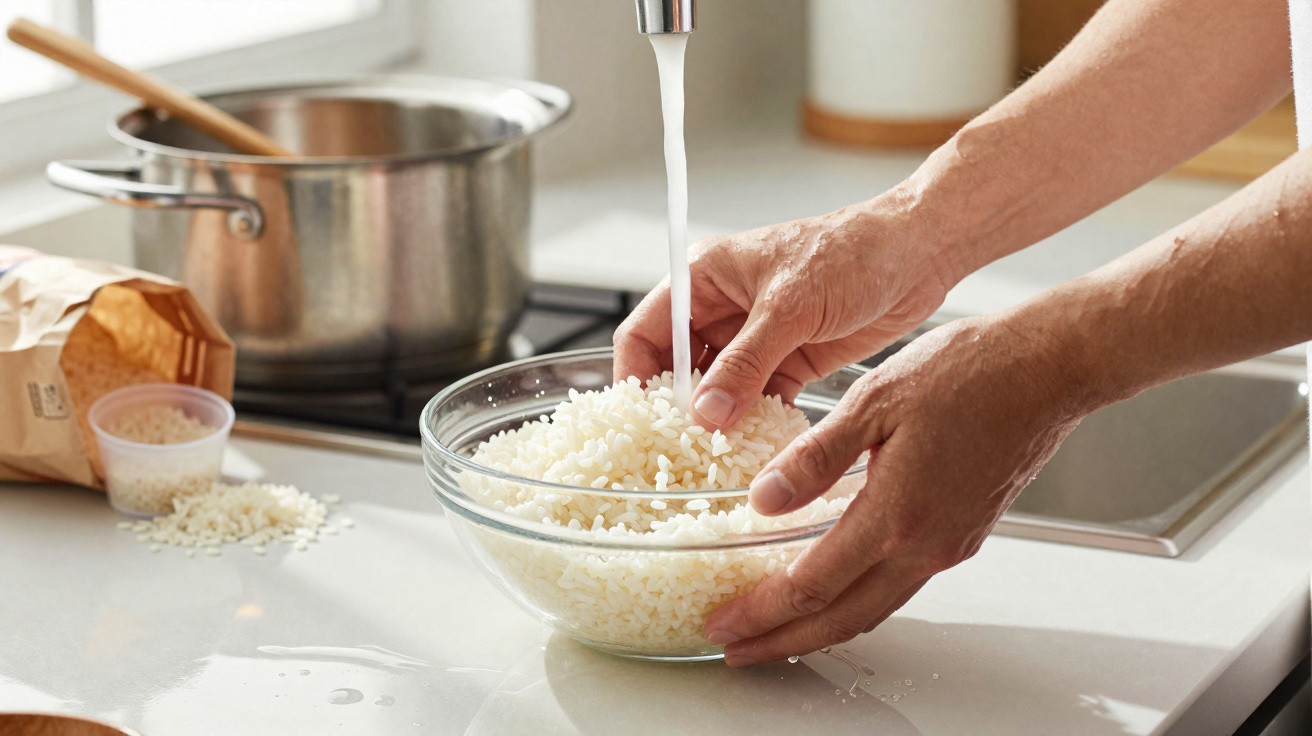 Mãos a lavar arroz num recipiente de vidro sob torneira de água numa cozinha moderna.