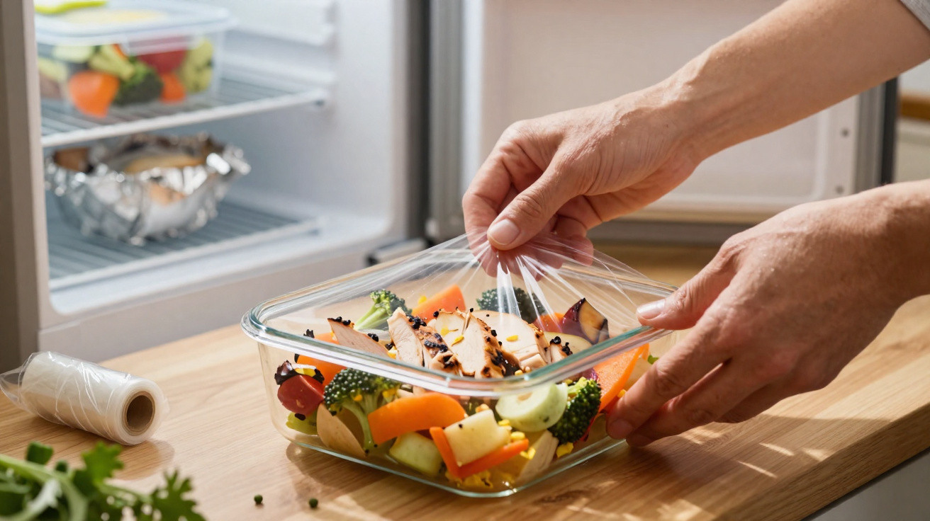 Mãos a colocar película transparente num recipiente com salada colorida à frente de um frigorífico aberto.