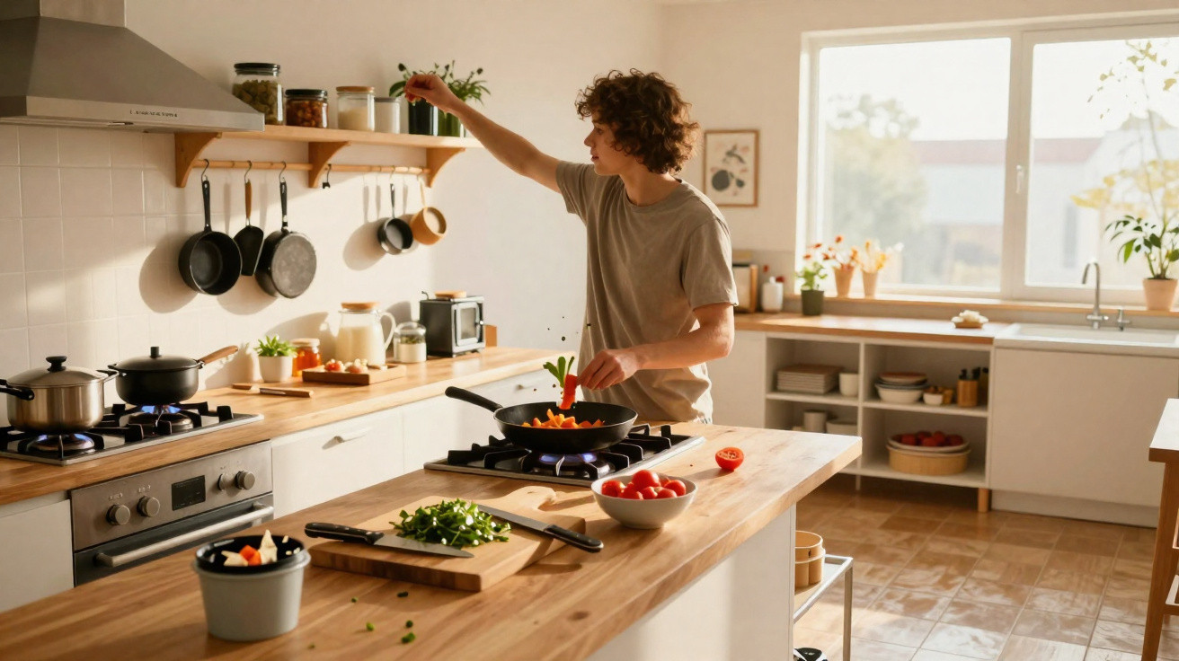 Pessoa a cozinhar numa cozinha luminosa e moderna, a preparar legumes numa frigideira no fogão.
