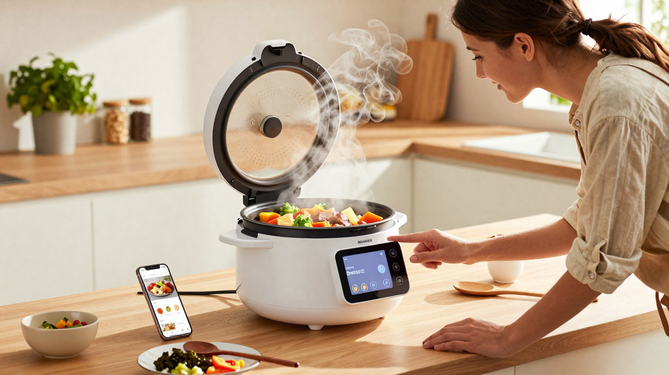 Mulher a cozinhar legumes numa panela elétrica inteligente numa cozinha moderna e iluminada.