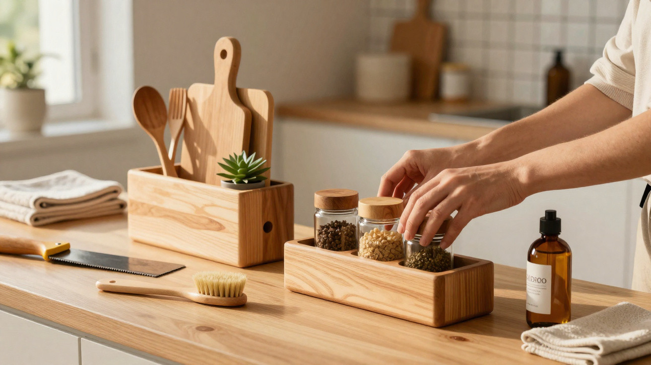 Mãos organizam frascos de especiarias numa bancada de cozinha com utensílios de madeira e garrafa âmbar.