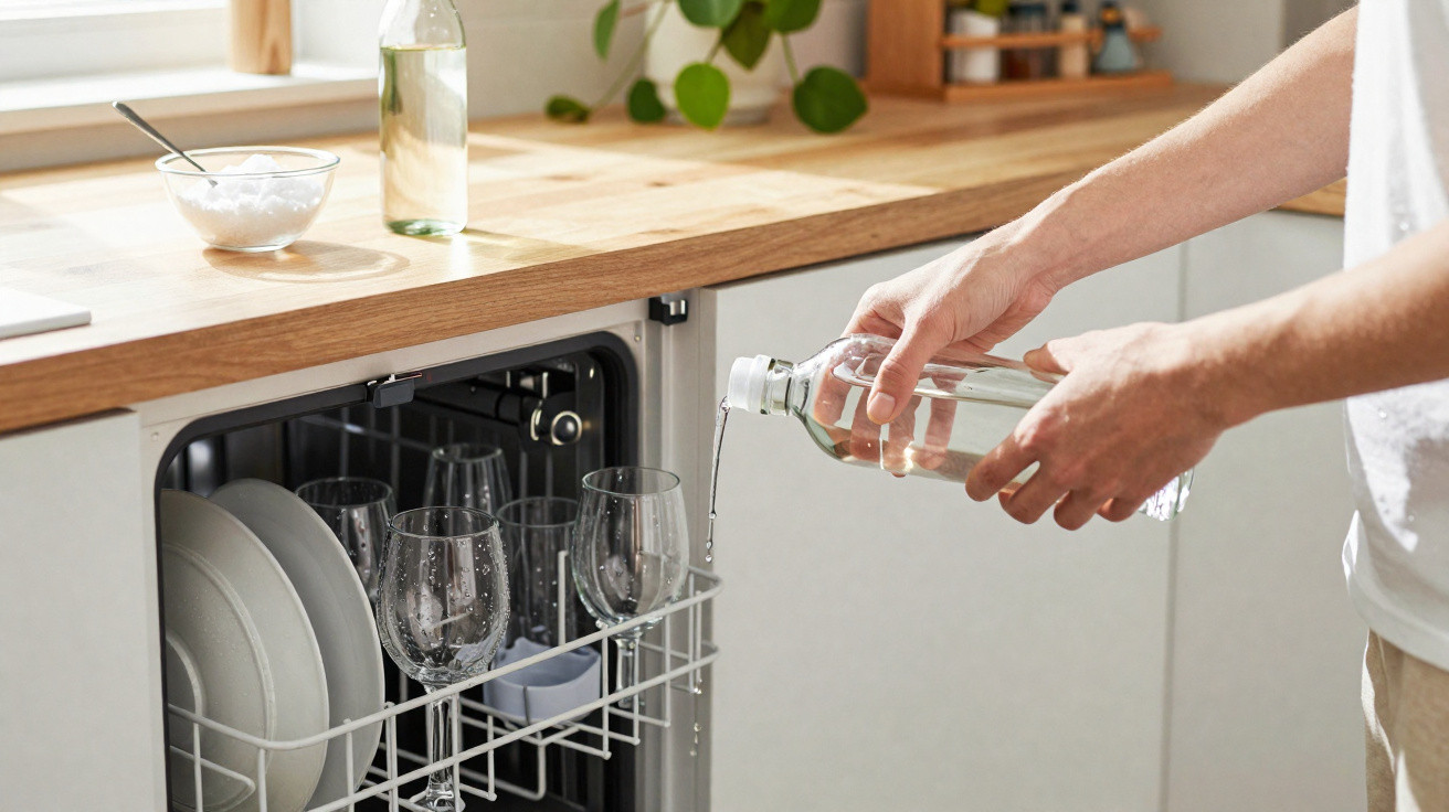 Pessoa a verter água de uma garrafa para um lava-louças aberto com copos e pratos numa cozinha moderna.