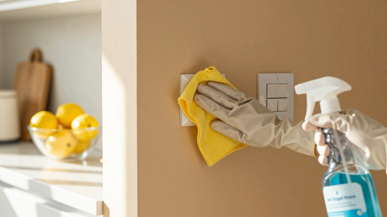 Pessoa com luvas a limpar interruptor de luz com pano amarelo e pulverizador na cozinha.