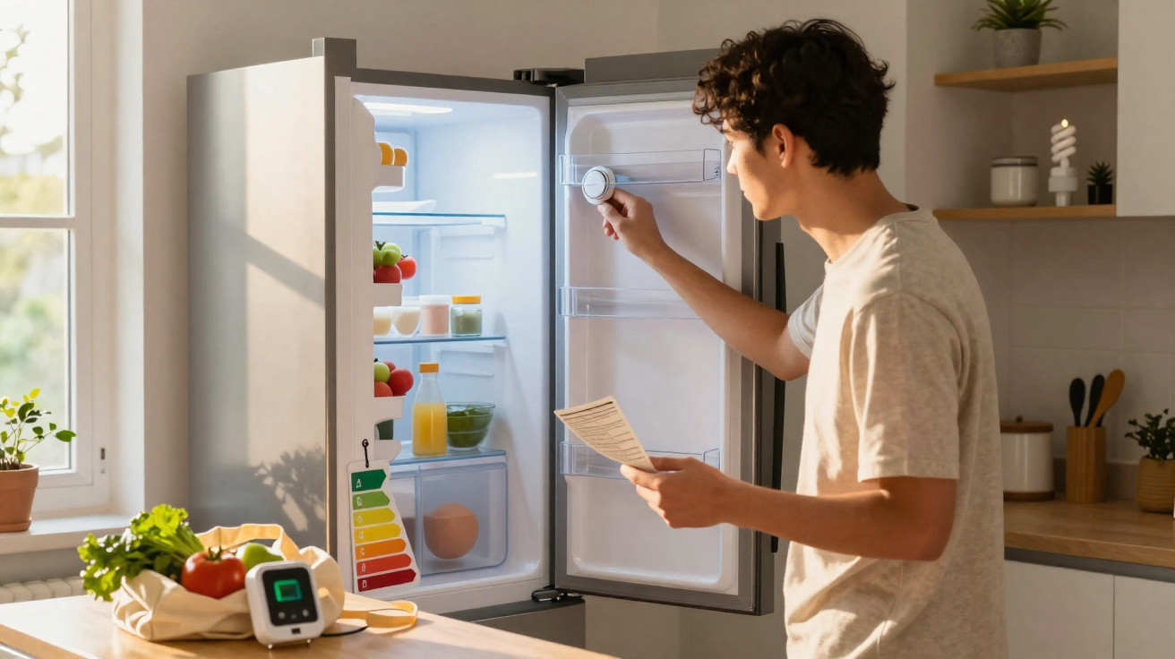 Jovem ajusta temperatura de frigorífico aberto numa cozinha moderna com alimentos frescos à vista.