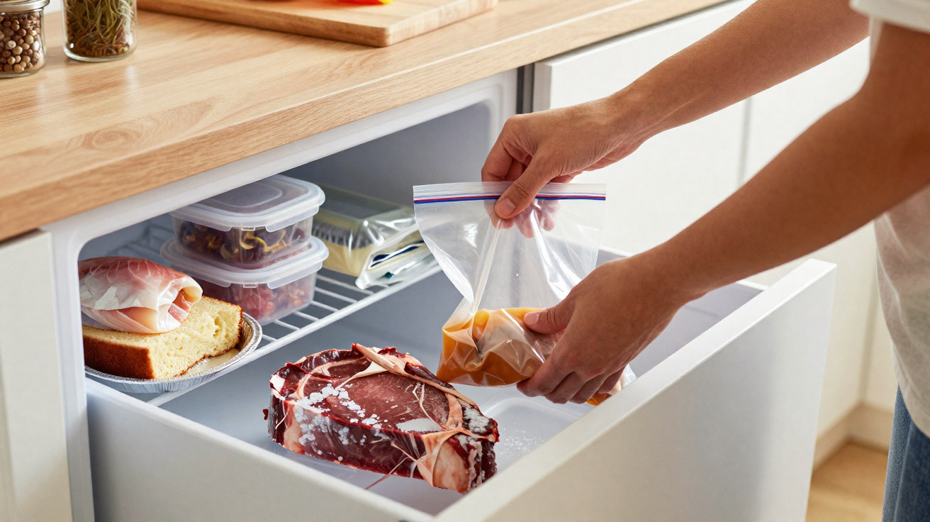 Mãos guardando carne crua e legumes em saco plástico no congelador da cozinha, com outros alimentos ao lado.