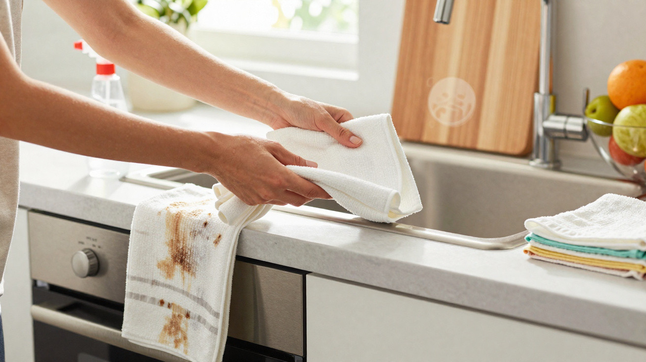 Mãos a secar um pano branco numa cozinha moderna com um pano sujo pendurado na bancada.