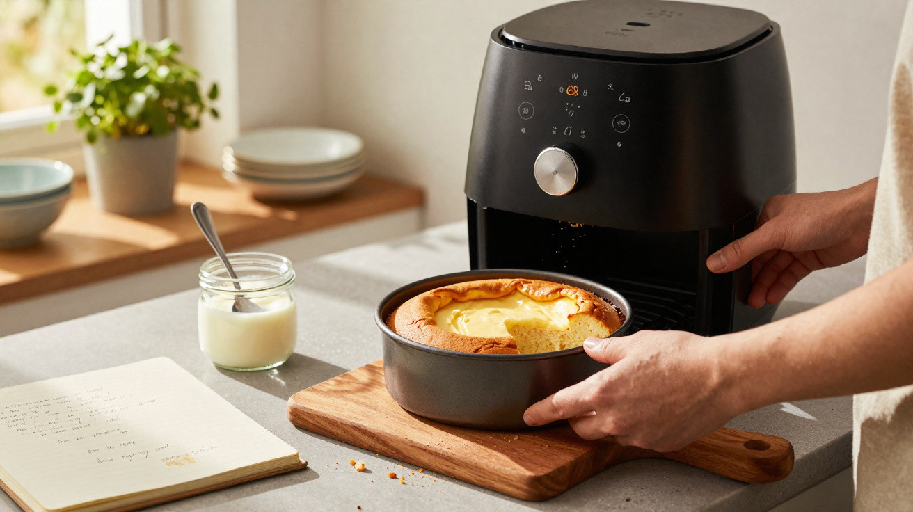 Pessoa a retirar bolo fofo acabado de fazer numa airfryer preta numa cozinha iluminada.