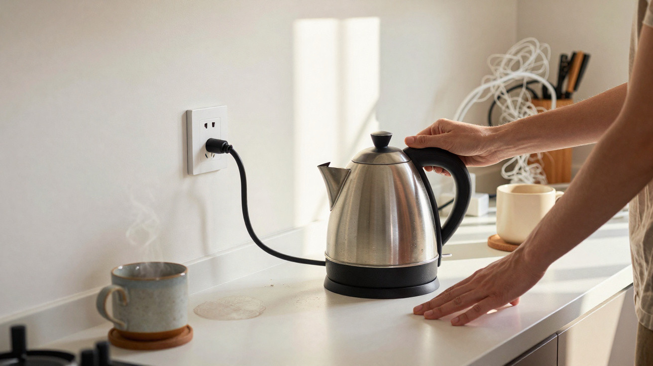 Pessoa a preparar chaleira elétrica numa bancada de cozinha com caneca a fumegar ao lado.
