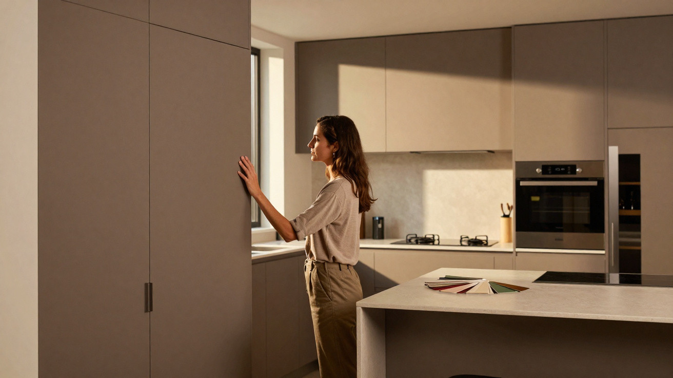 Mulher numa cozinha moderna, a tocar numa porta de armário junto à janela com luz natural.