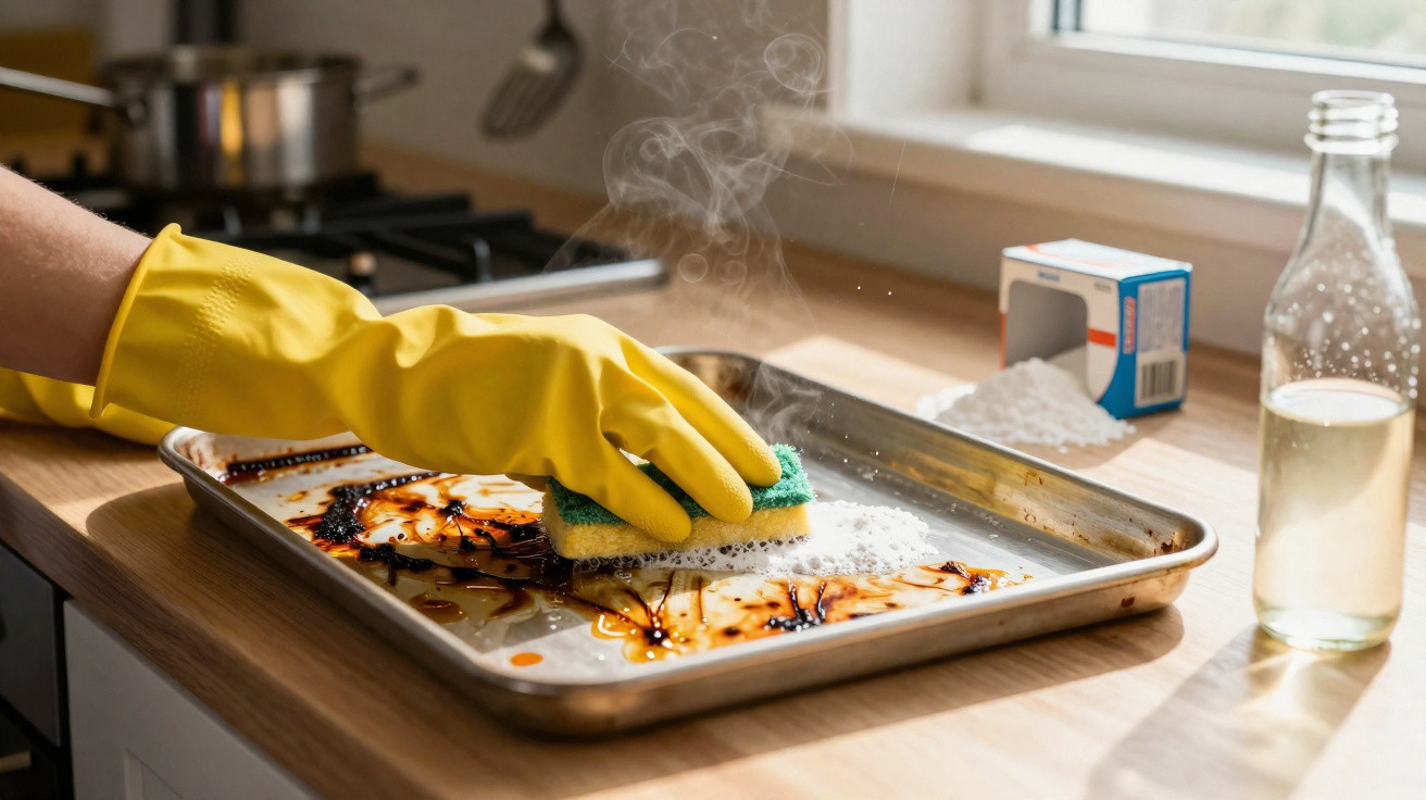 Mão com luva amarela a esfregar tabuleiro sujo com esponja e bicarbonato numa cozinha iluminada.
