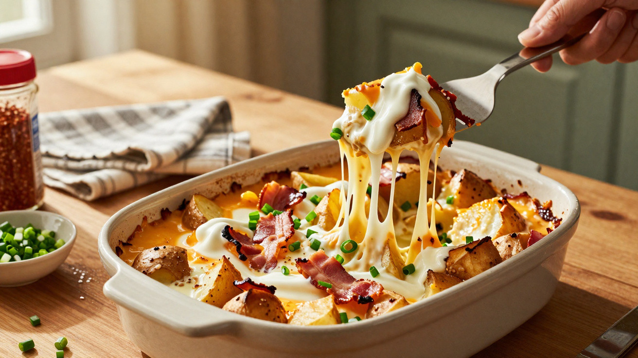 Assado de batatas com queijo derretido e bacon em travessa branca numa mesa de madeira.