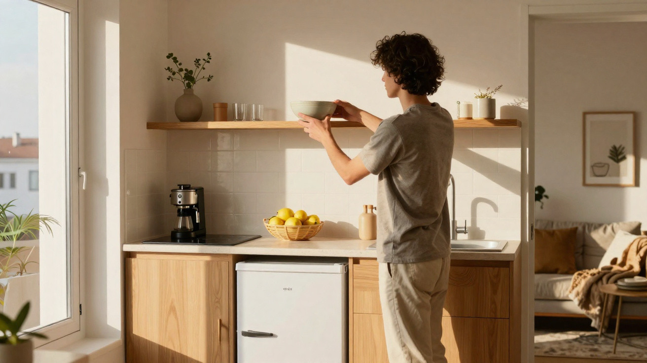Pessoa a colocar taça numa prateleira numa cozinha luminosa com armários de madeira e frutas numa fruteira.