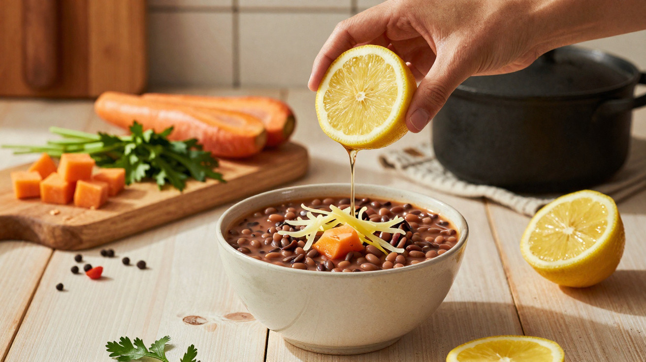 Mão a espremer limão sobre uma tigela de feijão com legumes, cenoura e coentros num ambiente de cozinha.
