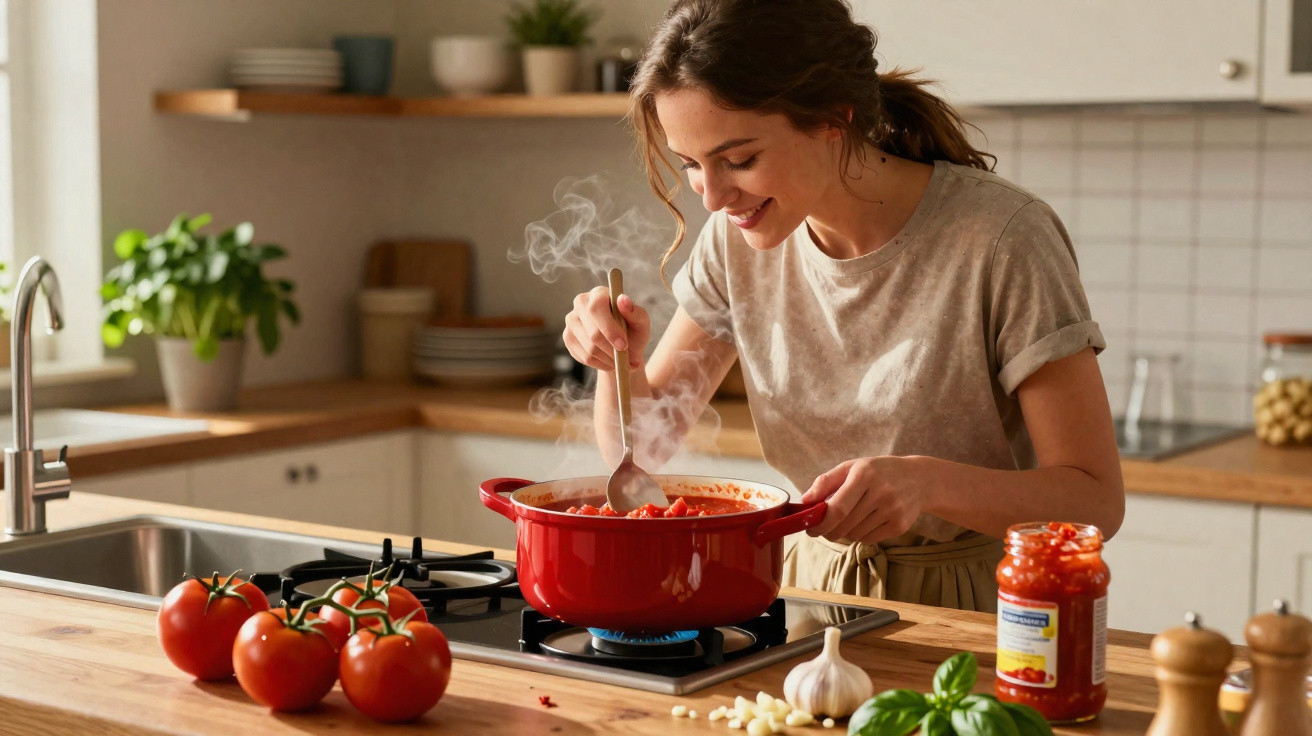 Mulher a cozinhar molho de tomate fumegante numa cozinha moderna e luminosa.
