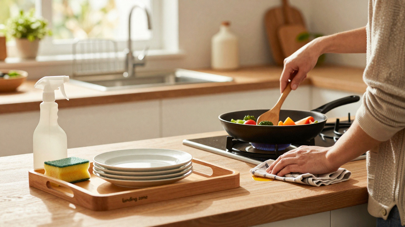 Pessoa a cozinhar legumes numa frigideira e a limpar o balcão de cozinha com pano e esponja.