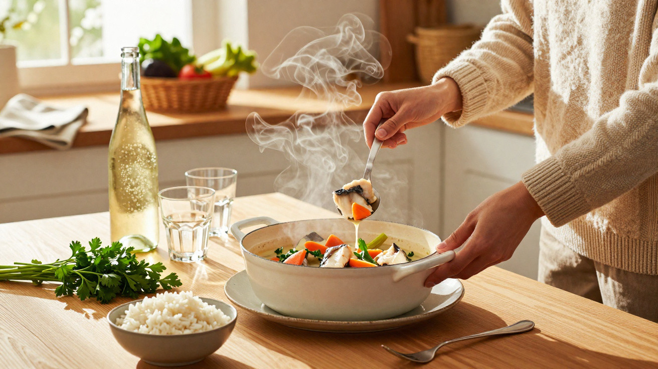 Pessoa a servir sopa fumegante com legumes numa panela branca numa mesa de madeira.