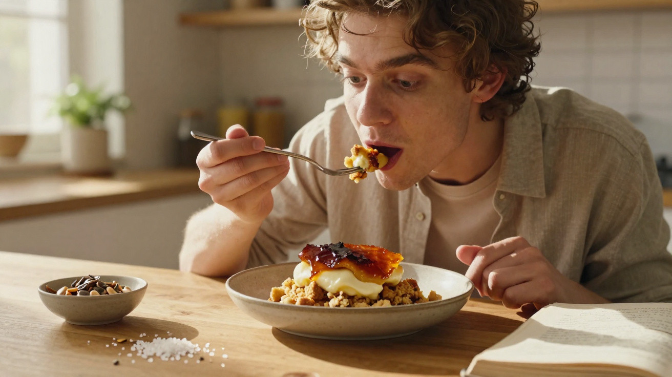 Homem a comer sobremesa com crosta caramelizada numa tigela, sentado à mesa com livro aberto.