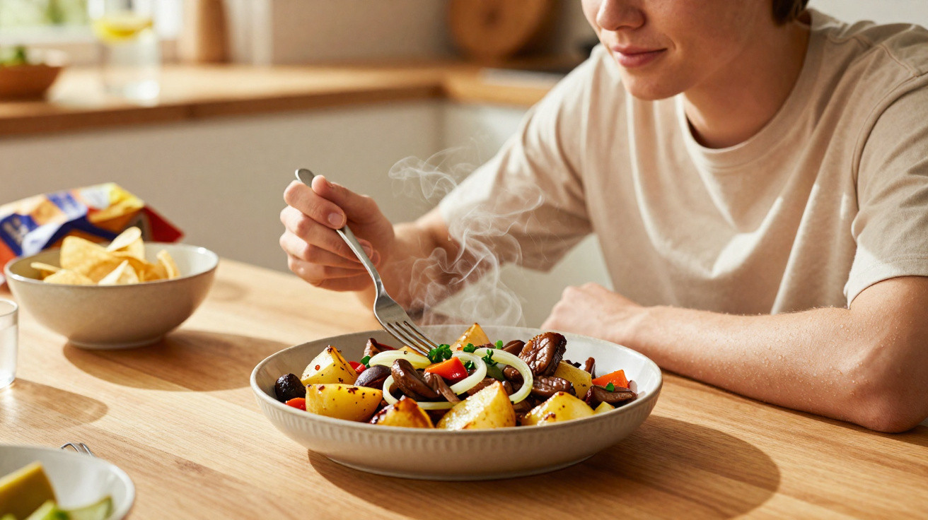 Pessoa a comer refeição quente com batatas, cogumelos e legumes numa cozinha iluminada.