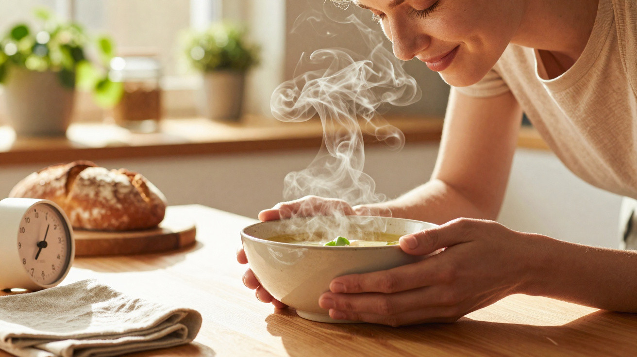 Mulher cheira sopa quente num recipiente enquanto está numa cozinha iluminada pelo sol.