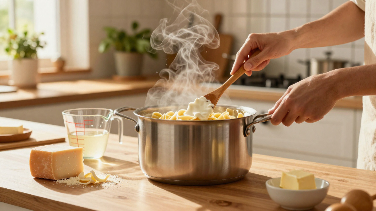 Mãos a mexer massa numa panela de inox com vapor, queijo, manteiga e medidor na bancada de madeira.
