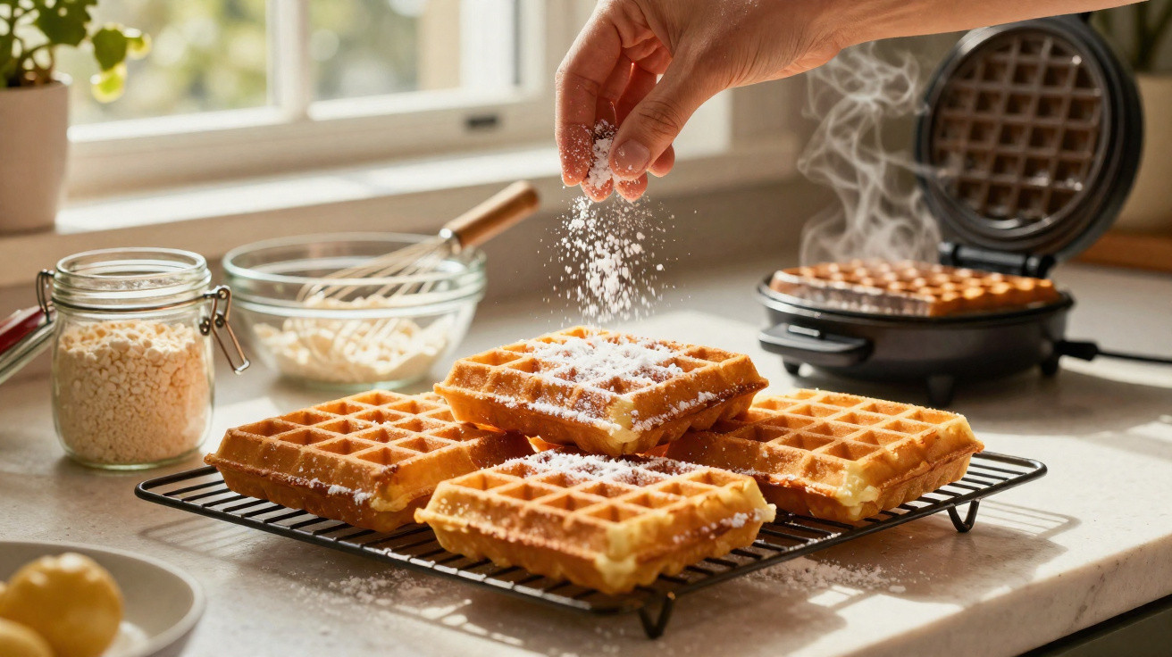 Mão polvilha açúcar em waffles quentes sobre grelha na cozinha com máquina de waffles ao fundo.