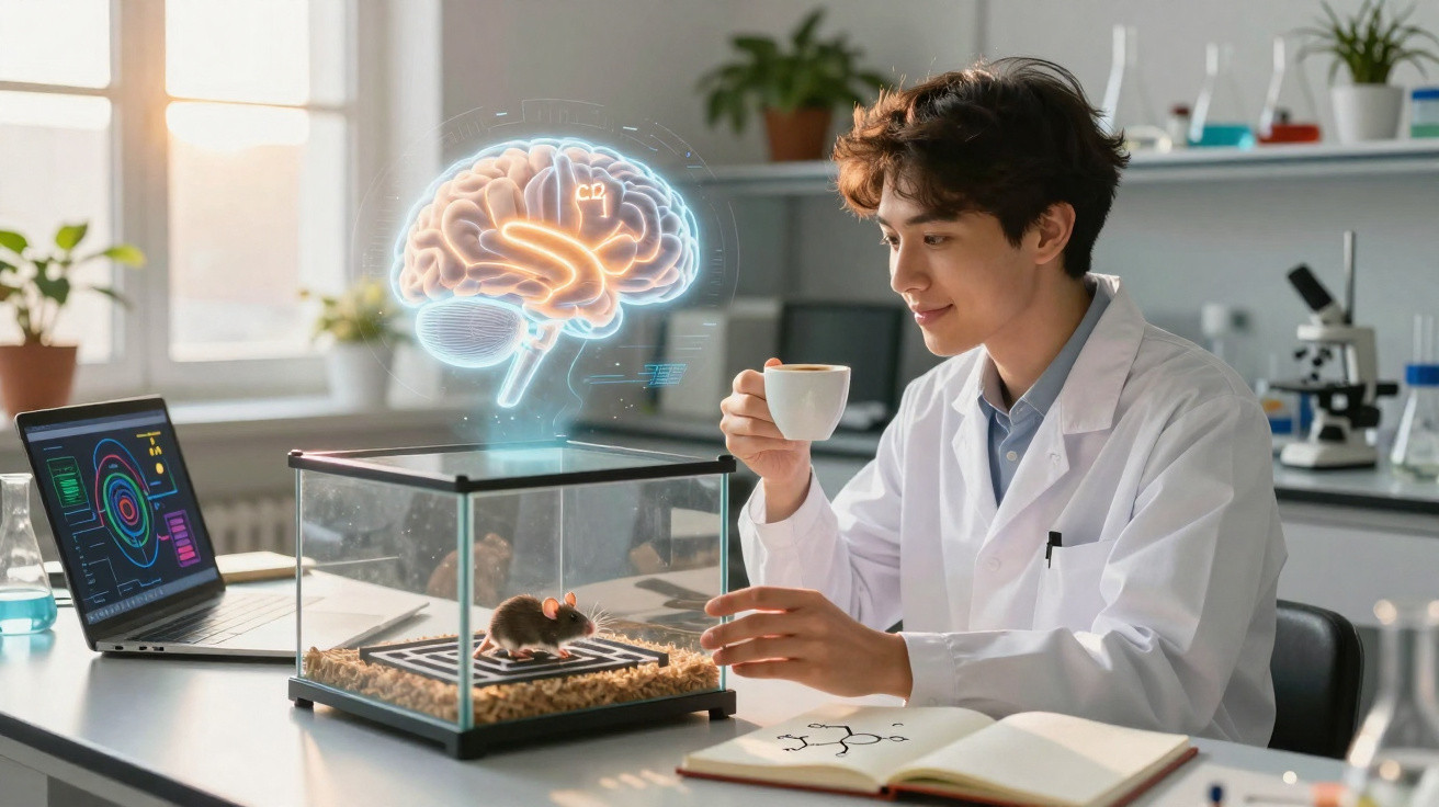 Cientista observa rato num laboratório com projeção digital do cérebro e toma café enquanto estuda dados no computador.