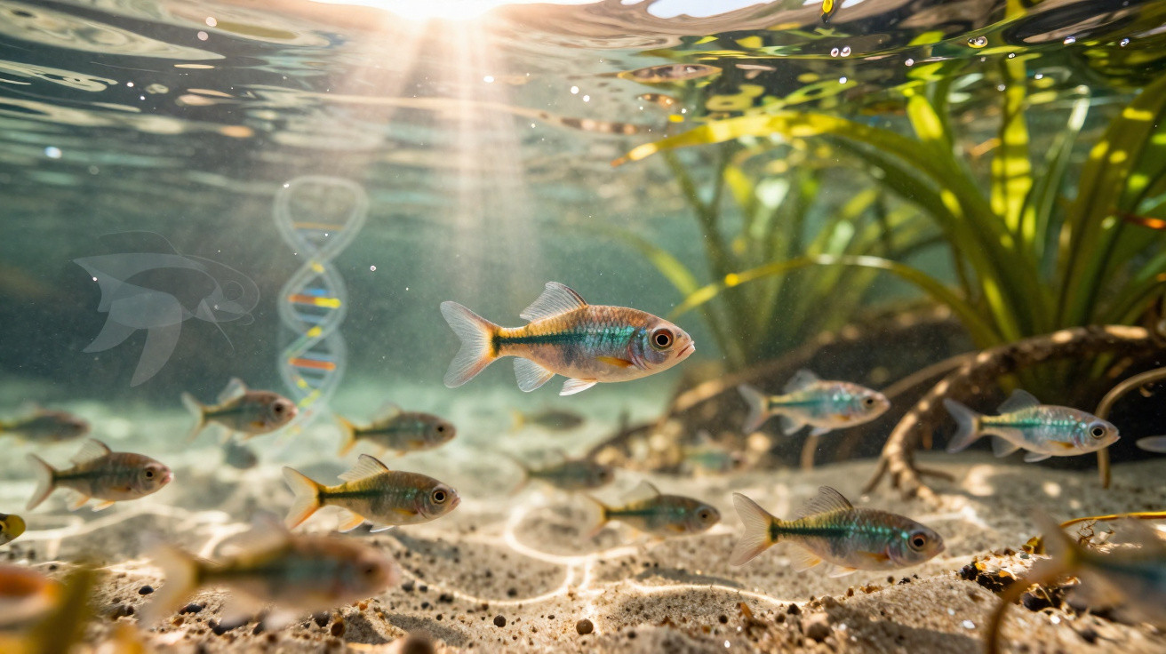 Peixe colorido a nadar em grupo numa lagoa com plantas aquáticas e raios de sol a atravessar a água.