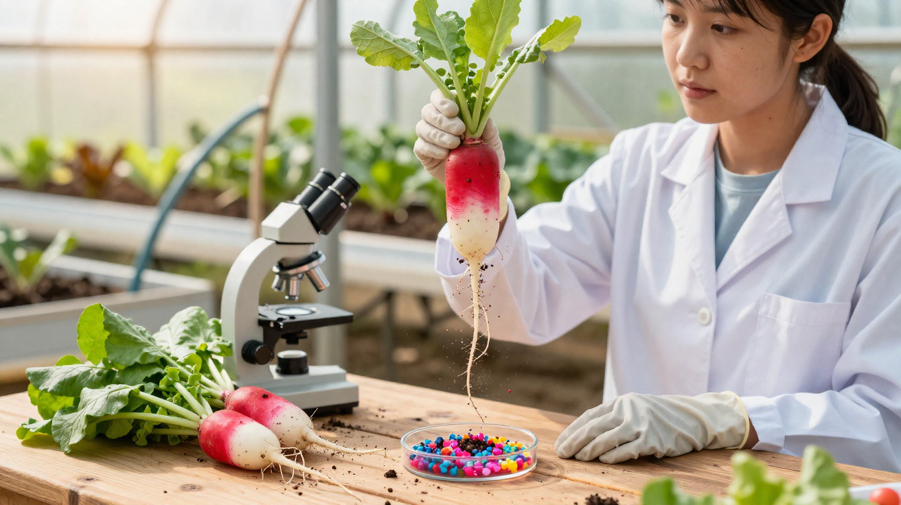 Investigadora com bata branca analisa rabanetes num laboratório de plantas com microscópio e amostras.