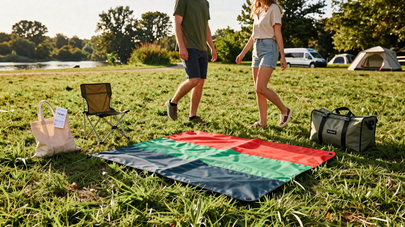 Casal prepara piquenique num campo junto a um lago, com mochila, cadeira dobrável e manta colorida no chão.