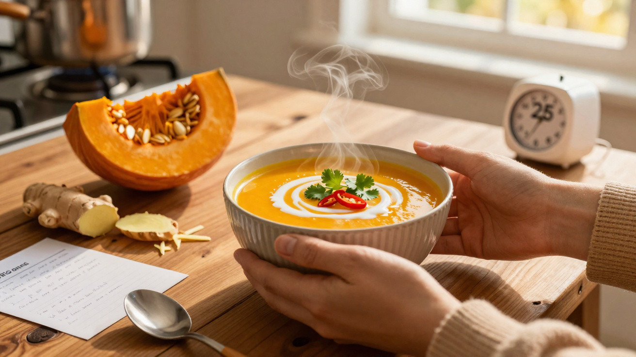 Mãos seguram tigela de sopa quente de abóbora com gengibre, creme e pimento vermelho numa cozinha iluminada.