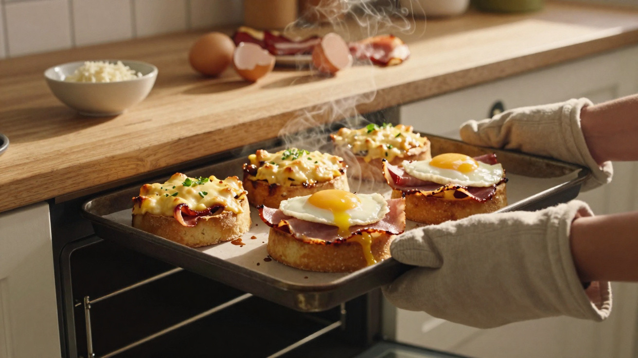Tabuleiro com tostas de pão, fiambre, ovos estrelados e queijo gratinado a ser retirado do forno.