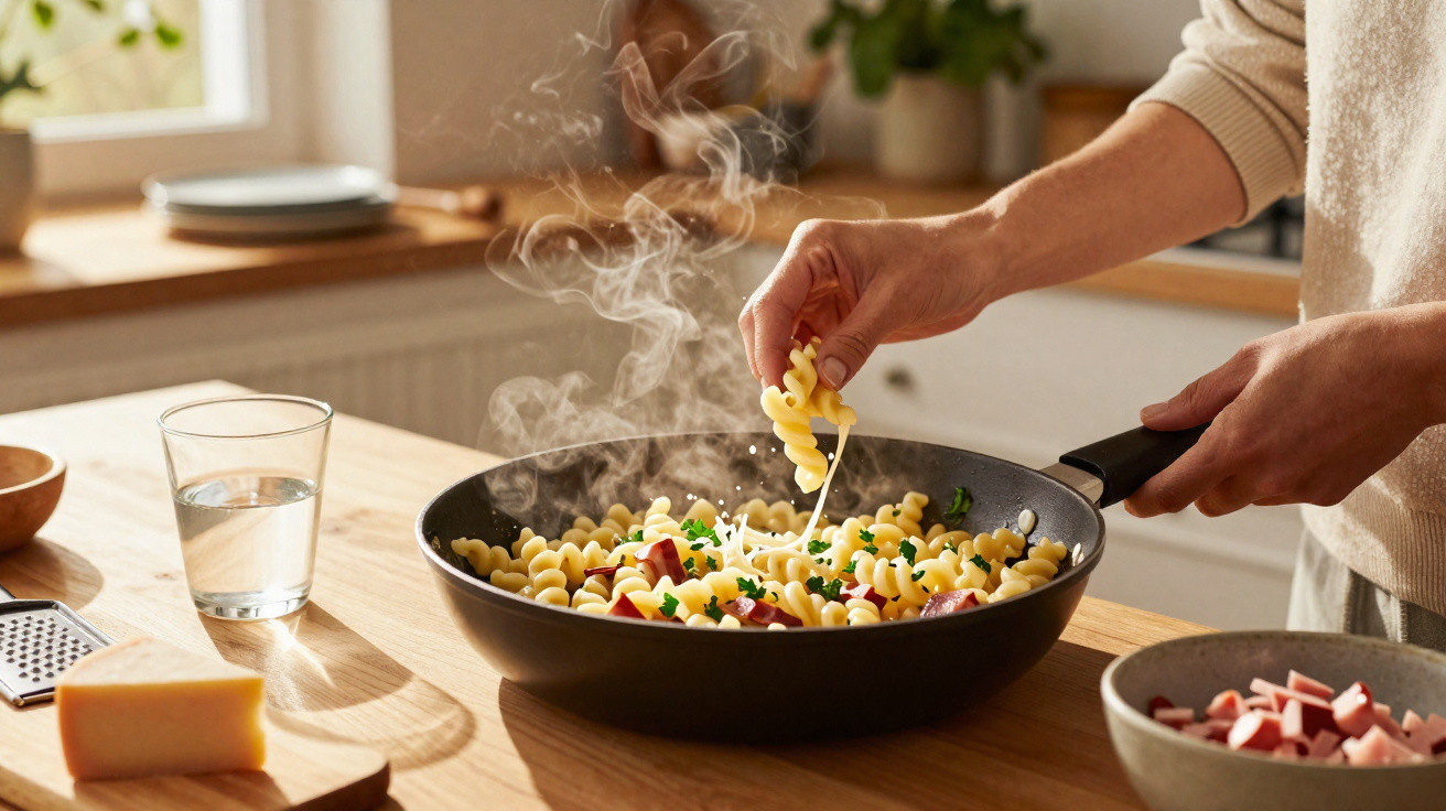 Pessoa a cozinhar massa fusilli quente com ervas e cubos de fiambre numa frigideira numa cozinha iluminada.
