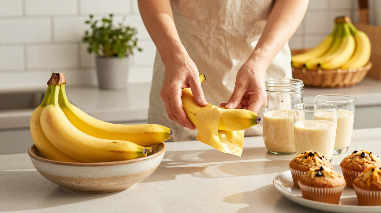 Pessoas a descascar uma banana na cozinha com bolos, batidos e bananas em cestos.